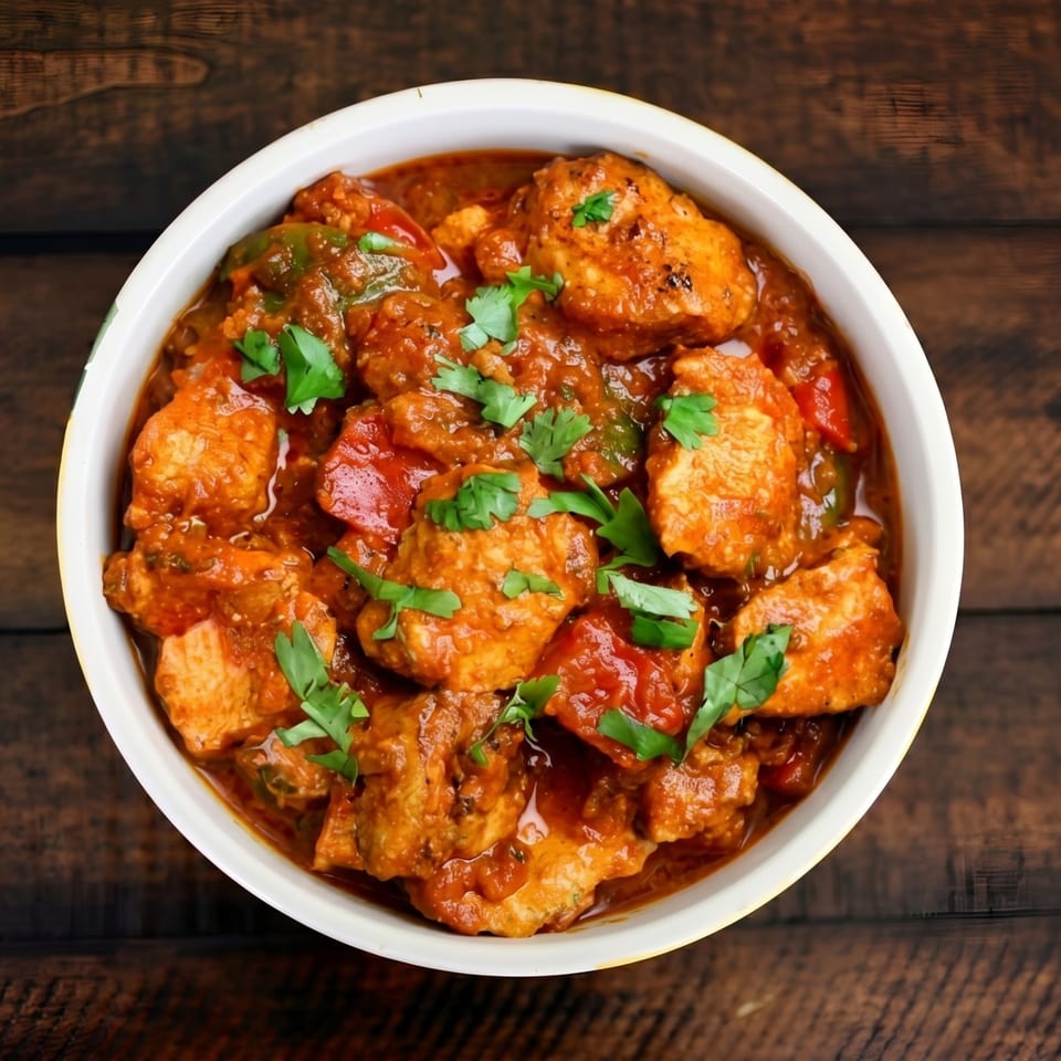 A white bowl filled with chicken curry, garnished with fresh cilantro, on a dark wooden table.