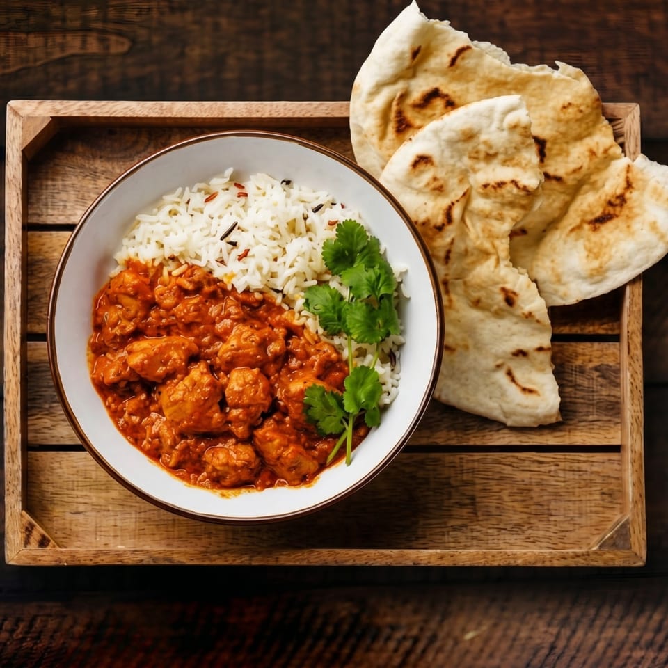 Chicken tikka masala with rice and naan bread on a wooden tray.
