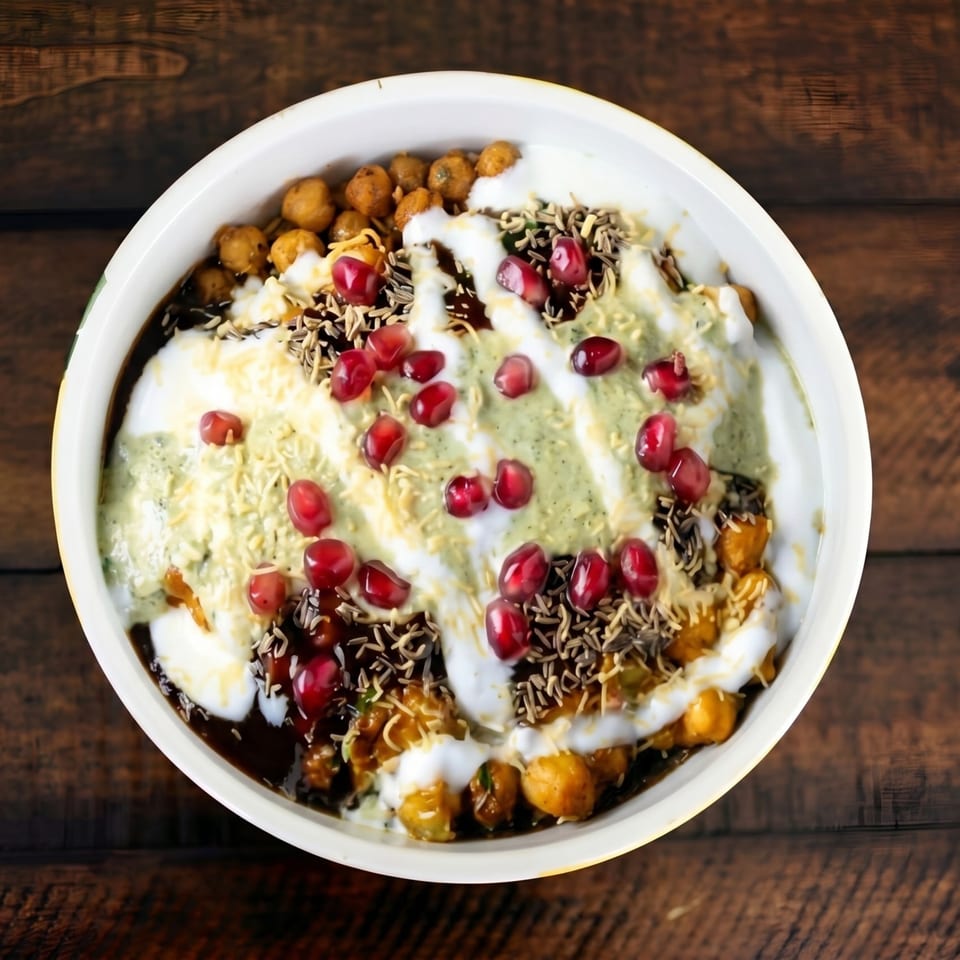 A white bowl of Indian chaat, topped with yogurt, chutneys, pomegranate seeds, and spices.