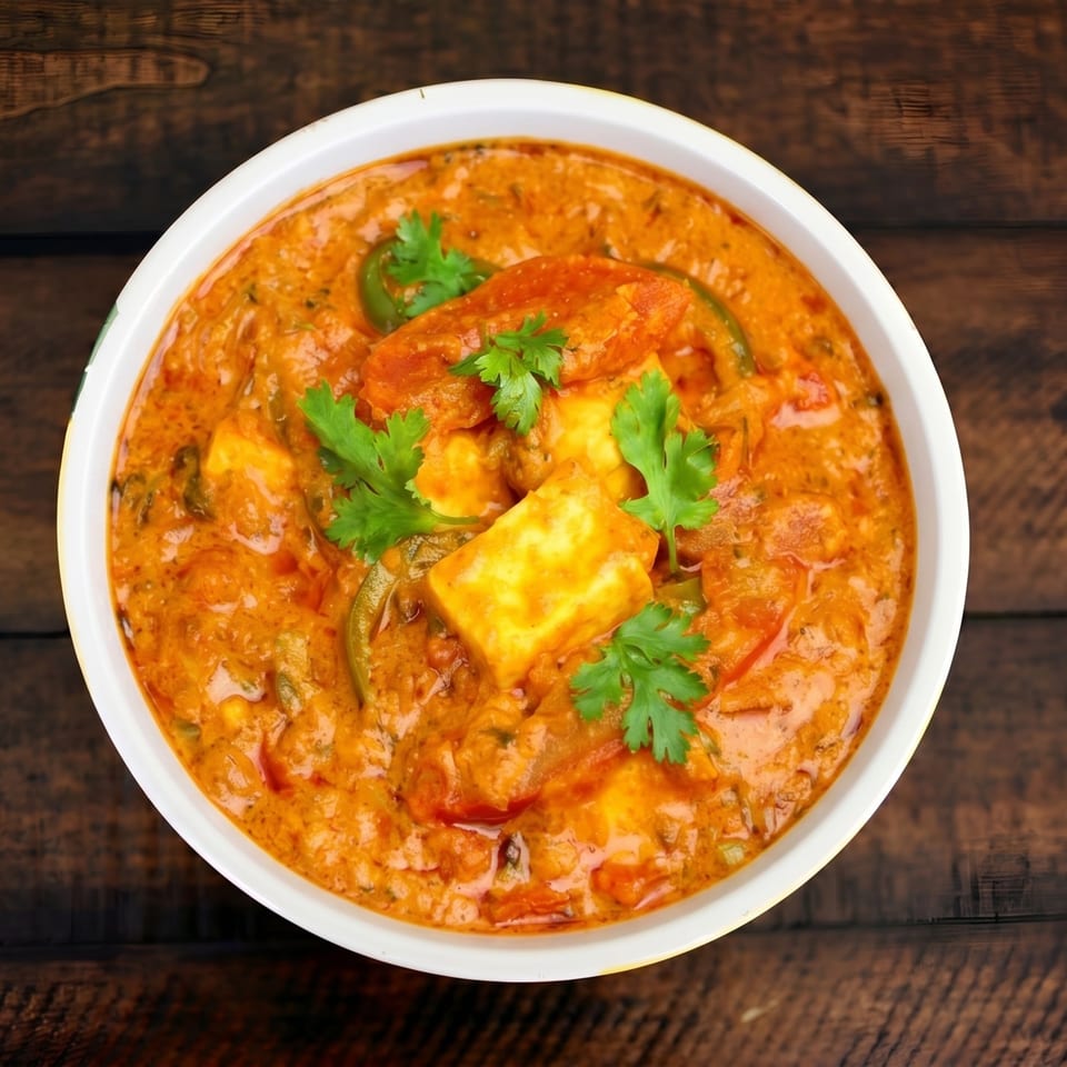 Overhead view of a white bowl filled with paneer butter masala, garnished with fresh cilantro.