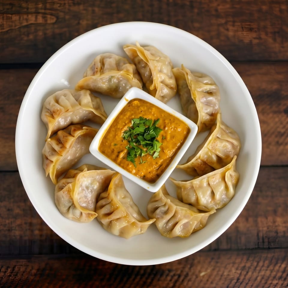 A white plate filled with steamed dumplings surrounds a small bowl of orange dipping sauce garnished with cilantro.