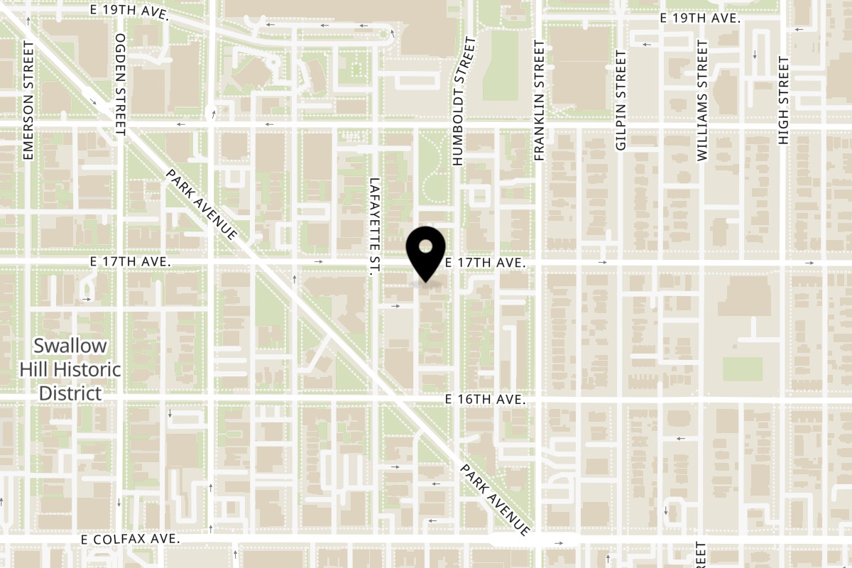 Map showing the location of Sherpa Basecamp on 1320 E 17th Ave in Denver